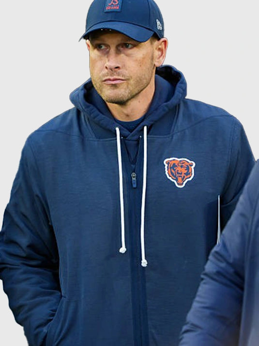 Recreation of Coach Ben Johnson’s 2025 Chicago Bears Nike bomber jacket in navy combining comfort and team style