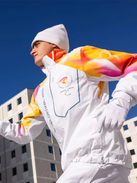 White unisex Torchbearer full-zip hooded jacket inspired by the Milano Cortina 2026 Winter Olympics design