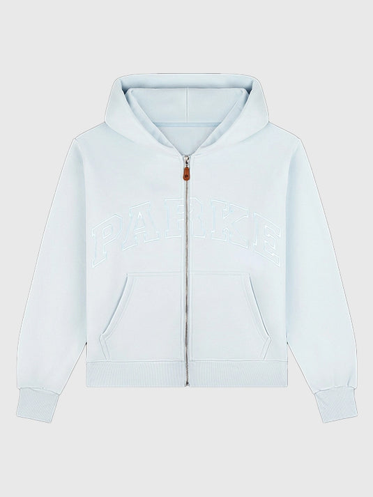 Parke 2026 monochrome varsity zip up hoodie in light blue fleece with a fresh, clean aesthetic