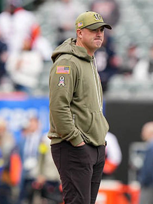 Olive green Cincinnati Bengals 2025 Salute to Service Hoodie inspired by Coach Zac Taylor’s sideline look.