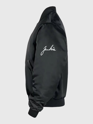 Nike Sportswear Club Jackie Robinson Black Satin Bomber Jacket featuring smooth satin finish and tribute-inspired detailing