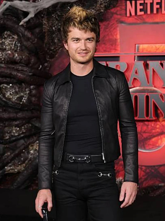 Joe Keery-inspired black leather jacket designed after his look at the Stranger Things Season 5 premiere event.