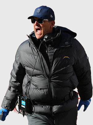 Jim Harbaugh Chargers 2025 black insulated puffer jacket by Nike with streamlined quilted finish