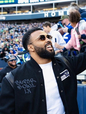 Black wool varsity jacket inspired by the Seattle Seahawks Super Bowl LX parade with team logo and classic varsity style