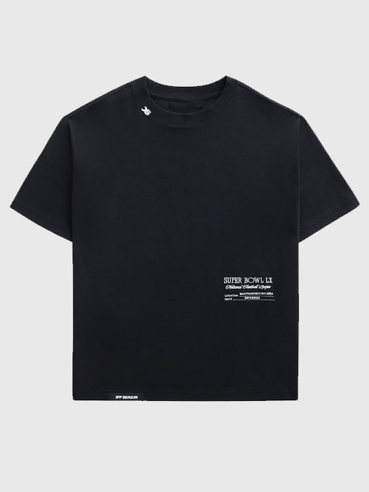 RECREATED Unisex Off Season x Super Bowl LX 2026 black t-shirt with printed logo and clean silhouette