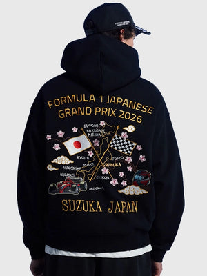 RECREATED black fleece hoodie from F1 x Pacsun Suzuka Sakura collection, crafted in pullover style with warm feel and modern motorsport streetwear look