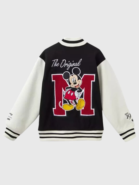 Black and white varsity bomber jacket RECREATED with Mickey Mouse graphics by Cakeworthy, designed for fun streetwear looks