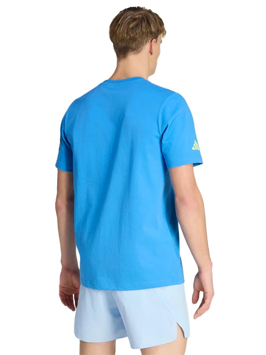 RECREATED unisex Boston Marathon 2026 t-shirt in blue by Adidas featuring detailed marathon graphic print