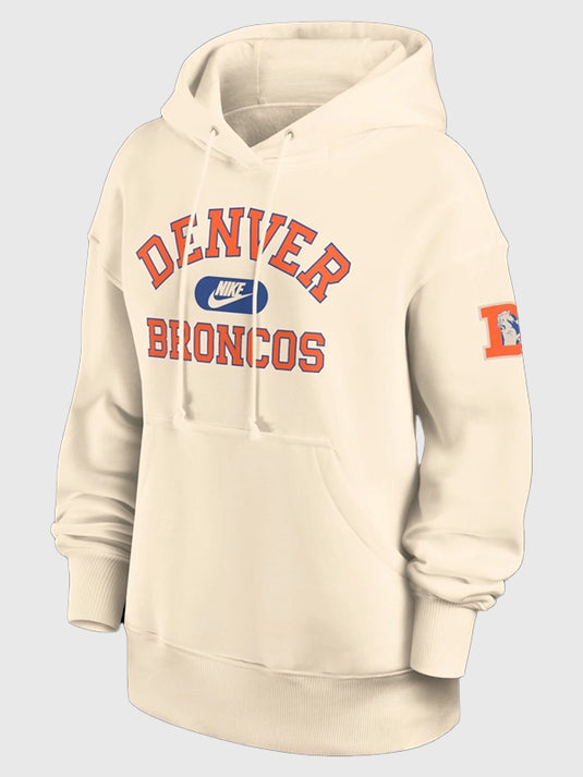Natural fleece pullover hoodie RECREATED with Denver Broncos and Nike Legacy Phoenix styling for cozy streetwear looks