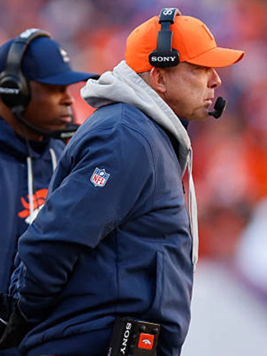 Nike 2025 Denver Broncos sideline bomber jacket in navy designed for cold-weather teamwear styling by Nike