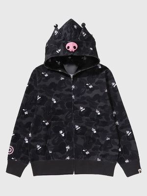 Recreated A Bathing Ape Kuromi 2026 camo full zip fleece hoodie in black with allover camouflage pattern and bold character detailing