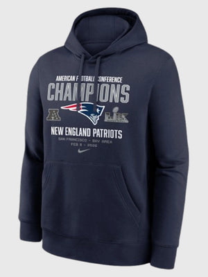Recreated Nike Patriots AFC Champions 2025 Team Nation pullover hoodie in navy for everyday fan wear