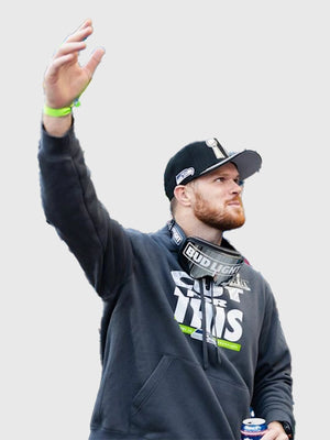 Recreated Super Bowl LX Sam Darnold Seahawks grey pullover hoodie with front pouch pocket and commemorative graphics