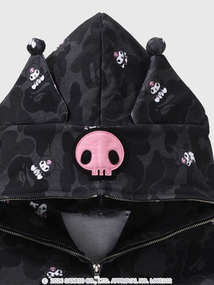 A Bathing Ape Kuromi black camouflage full zip hoodie designed with relaxed fit and streetwear-inspired silhouette