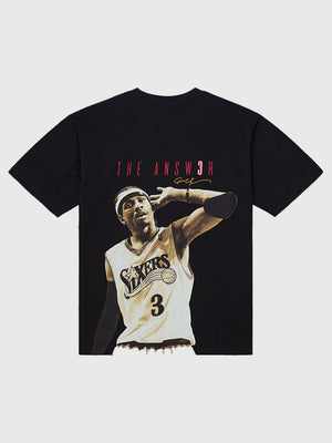 Recreated Allen Iverson The Answer Philadelphia 76ers black t-shirt with classic team-inspired graphic styling
