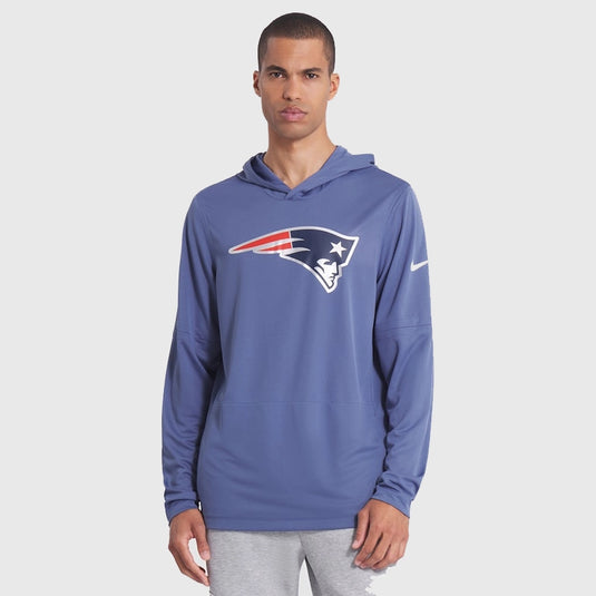 Recreated New England Patriots 2025 Rivalries blue Nike hoodie T-shirt with a lightweight sideline design.