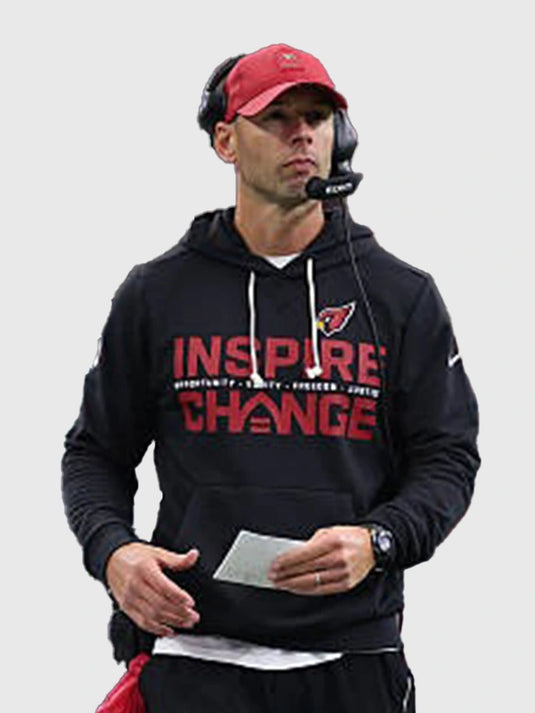 Nike black sideline hoodie inspired by Jonathan Gannon for Cardinals 2025 featuring Opportunity Equity Freedom Justice lettering