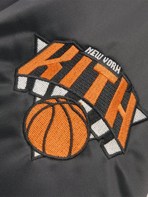 Giorgio Armani x Kith Knicks bomber jacket in black satin, RECREATED for 2026 Playoffs with smooth texture, ribbed trims, and elevated sportswear appeal