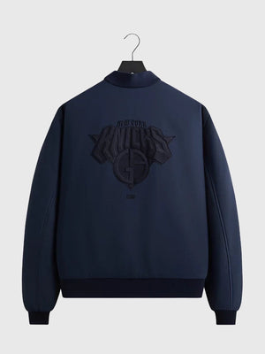 Navy bomber jacket from RECREATED Giorgio Armani & Kith Knicks 2026 Playoffs collection, designed with structured silhouette and refined street-lux aesthetic