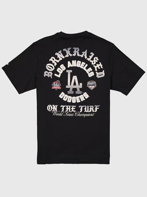 Black Dodgers New Era Born x Raised Back-to-Back Champions On The Turf T-Shirt crafted from breathable cotton with a clean casual silhouette