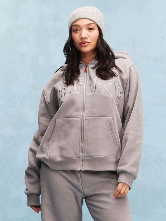 Grey Parke 2026 varsity zip hoodie crafted in soft fleece, featuring a minimalist monochrome design