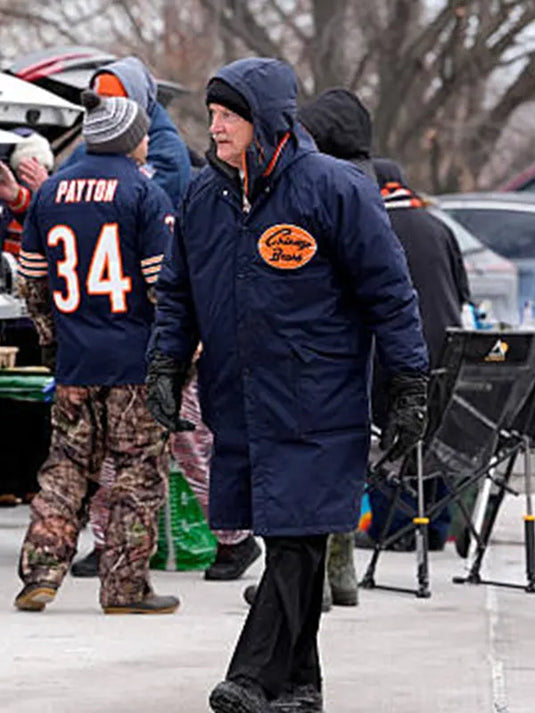 RECREATED navy hooded jacket coat channeling Chicago Bears executive sideline style from the 2025 playoffs