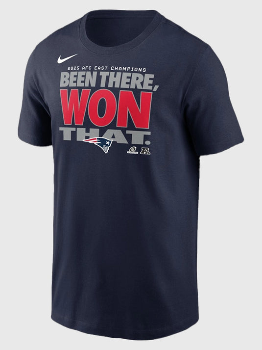 Nike navy t-shirt with New England Patriots 2025 AFC East Division Champions theme and locker room-inspired detailing