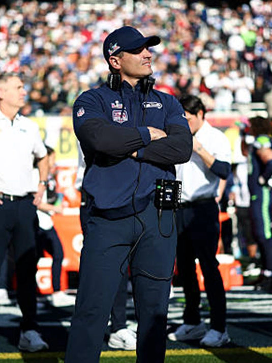 Recreated Super Bowl LX Mike MacDonald Seattle Seahawks navy half-zip anorak jacket with hood and athletic styling