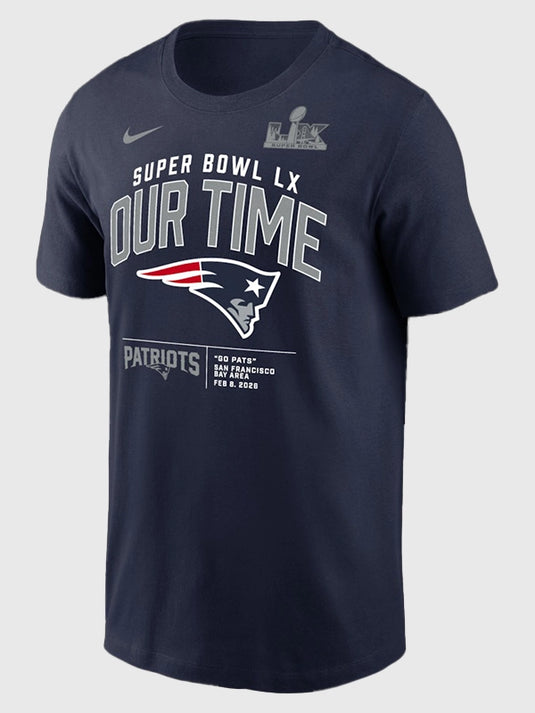 New England Patriots Super Bowl LX inspired navy Nike t-shirt recreated with bold championship graphic presence