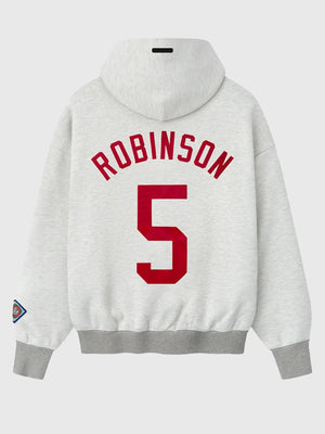 Grey Essentials Fear of God Jackie Robinson x NLBM Sport Pullover Hoodie designed in a relaxed fit with ribbed cuffs and hem