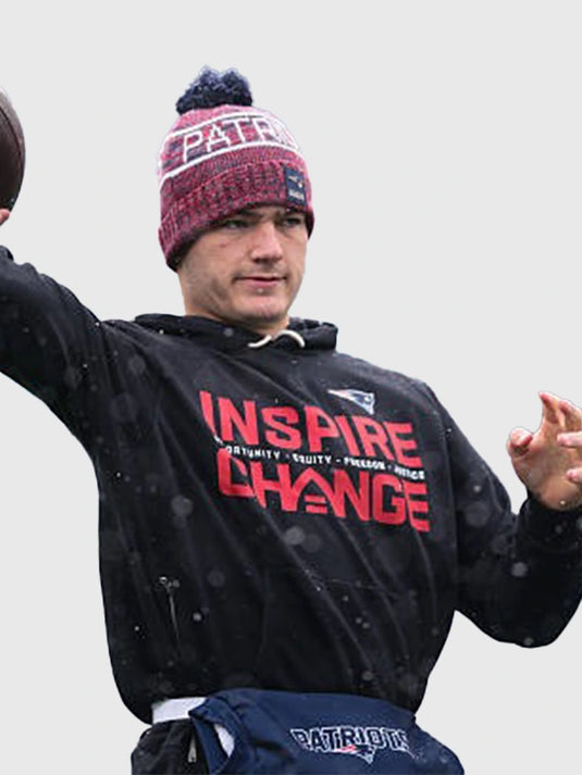 Nike Patriots 2025 Inspire Change black sideline hoodie highlighting Opportunity Equity Freedom Justice wording