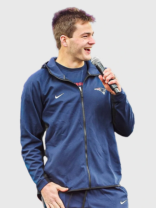 Navy RECREATED Patriots Super Bowl LX 2026 zip up hoodie featuring soft fleece and relaxed unisex fit