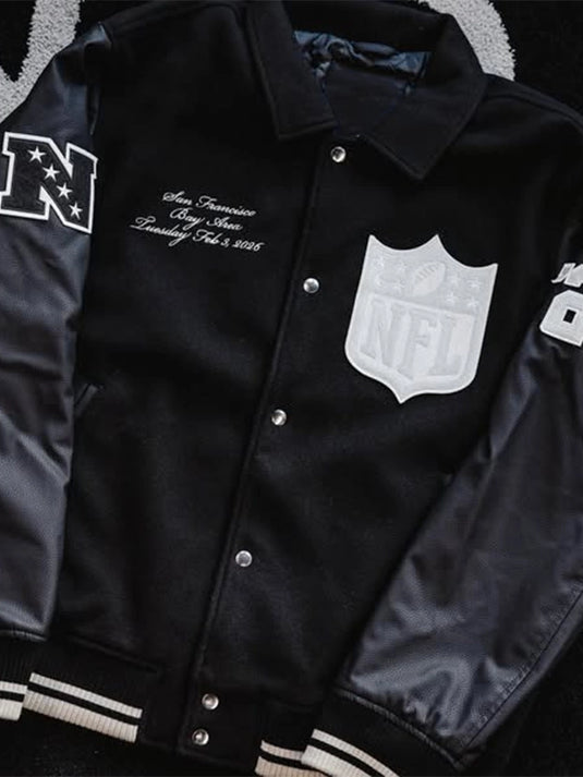 RECREATED black Abercrombie 2026 Pro Bowl Games varsity jacket designed with leather sleeves and structured silhouette