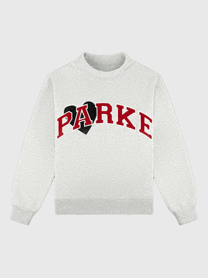 RECREATED Women’s Valentine’s 2026 Parke Jean Heart mockneck fleece sweatshirt in grey with a smooth, comfortable finish
