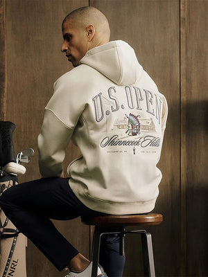 Recreated UNRL 126th U.S. Open 2026 fleece pullover hoodie in white with clean event-inspired design and soft interior
