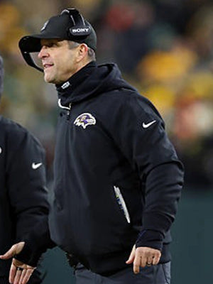 Coach John Harbaugh inspired recreated black bomber jacket featuring Nike sideline construction and modern athletic comfort Nike