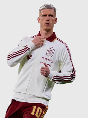 RECREATED unisex Spain vs Egypt 2026 Dani Olmo track jacket in white with stripe accents and lightweight feel
