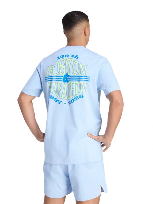 Light blue Adidas Boston Marathon 2026 t-shirt recreated in retro style with casual fit and marathon-themed graphics