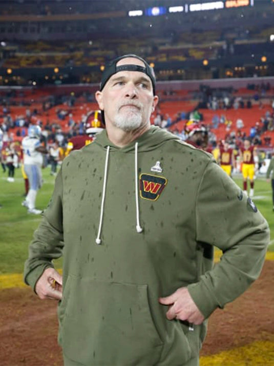 Dan Quinn Washington Commanders 2025 Olive Green Fleece Hoodie made for the Salute to Service collection.