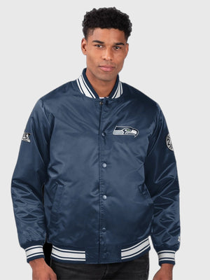 Recreated Seattle Seahawks Starter Two‑Time Super Bowl Champions varsity satin full‑snap jacket in navy with embroidered team appliques