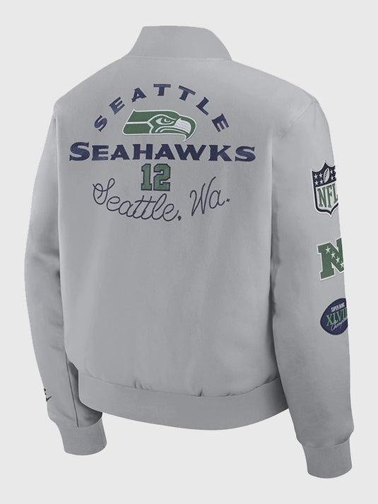 2025 Seattle Seahawks Rivalries Varsity Jacket by Nike featuring full-snap closure and bold design.