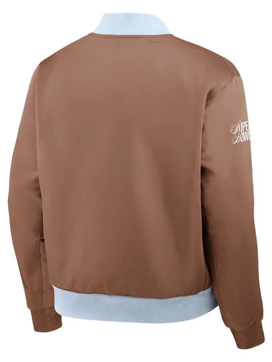 RECREATED Nike 2026 Super Bowl LX Legacy satin bomber jacket in brown featuring smooth fabric and modern design