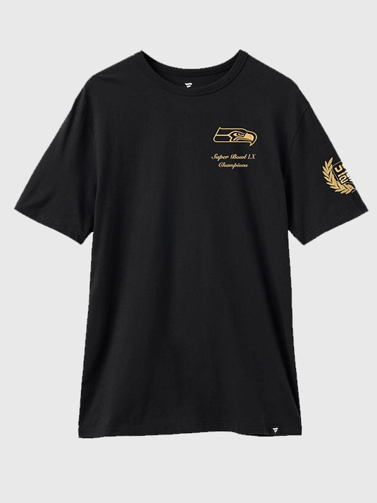 Super Bowl LX Seattle Seahawks Champions Locker Room Trophy Collection T-shirt in black with screen-printed design