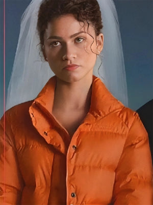 Orange Zendaya The Drama 2026 Emma Harwood parachute puffer jacket recreated with quilted structure and modern statement styling