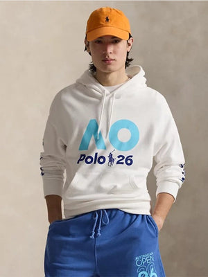 White fleece pullover hoodie by Polo Ralph Lauren Australian Open 2026 recreated for casual and athletic layering