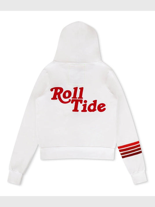 White zip-up hoodie from Aviator Nation x University of Alabama 2025 Roll Tide collection featuring soft fleece interior.