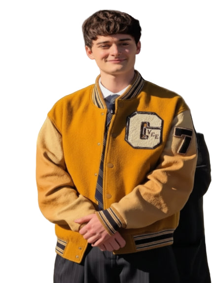 Recreated Stranger Things S05 mustard varsity jacket matching Noah Schnapp’s promo look.
