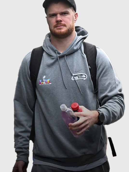 Grey RECREATED Seahawks Super Bowl LX 2026 pullover hoodie featuring a relaxed unisex fit