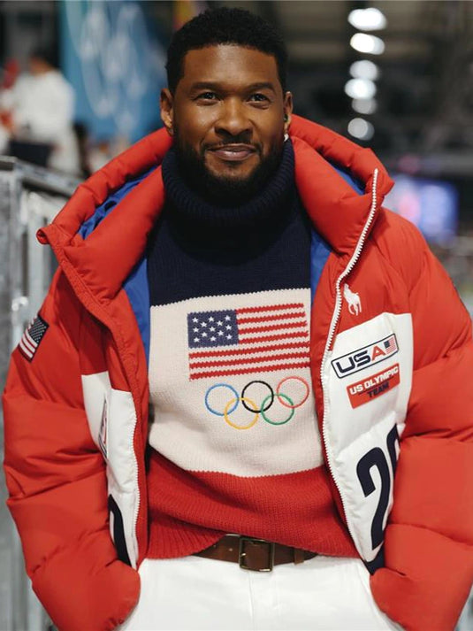 Usher Polo Ralph Lauren Team USA Milano Cortina 2026 winter Olympics hooded puffer jacket in red and white with patriotic team graphics