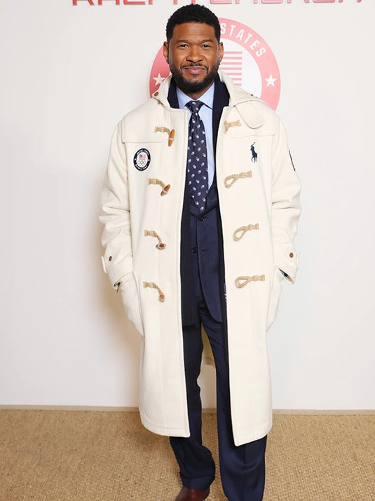 Recreated Usher Milano Cortina 2026 Polo Ralph Lauren Team USA toggle coat in wool with American flag patch and heritage detailing